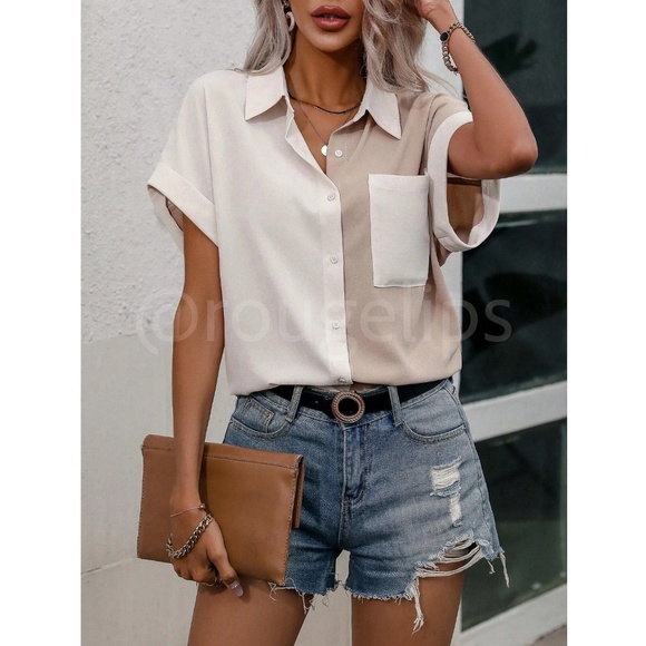 Rolled Up Batwing Sleeves Color Block 2 Tone Button Down Shirt Tan Beige - Picture 6 of 9